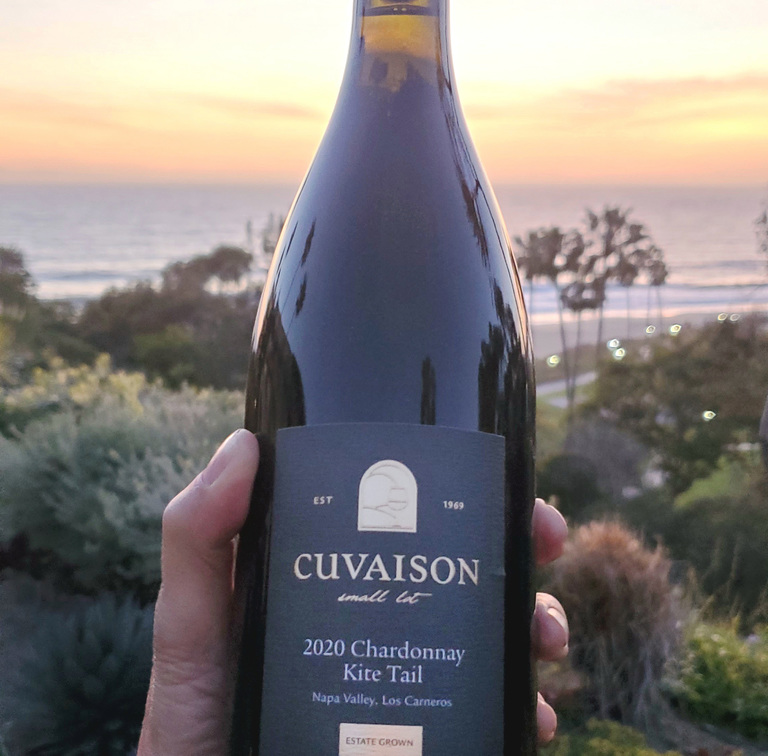 A bottle of Pinot Noir is held before a beach sunset