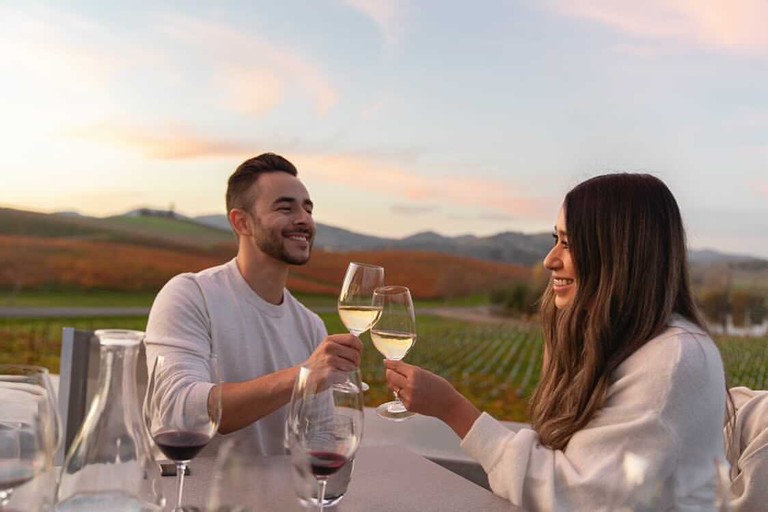 A couple toasting with wine on patio before a vineyard