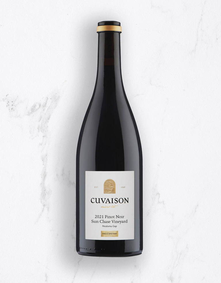 2021 Pinot Noir, Sun Chase bottle on marble