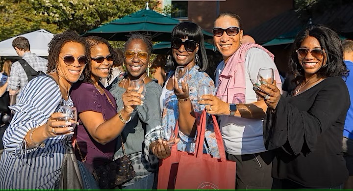 6 friends raise a glass at a wine festival