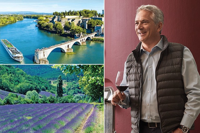 A river barge, a field of lavender and a man holding a wine glass