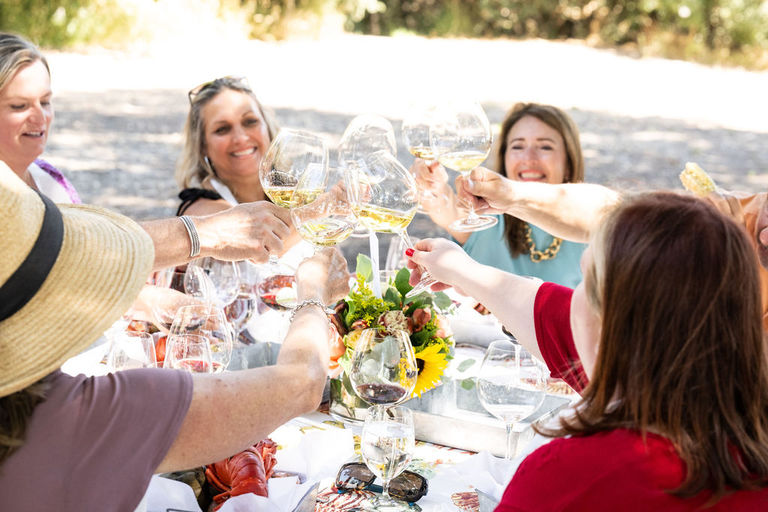 A group of friends toast over an al fresco lunch