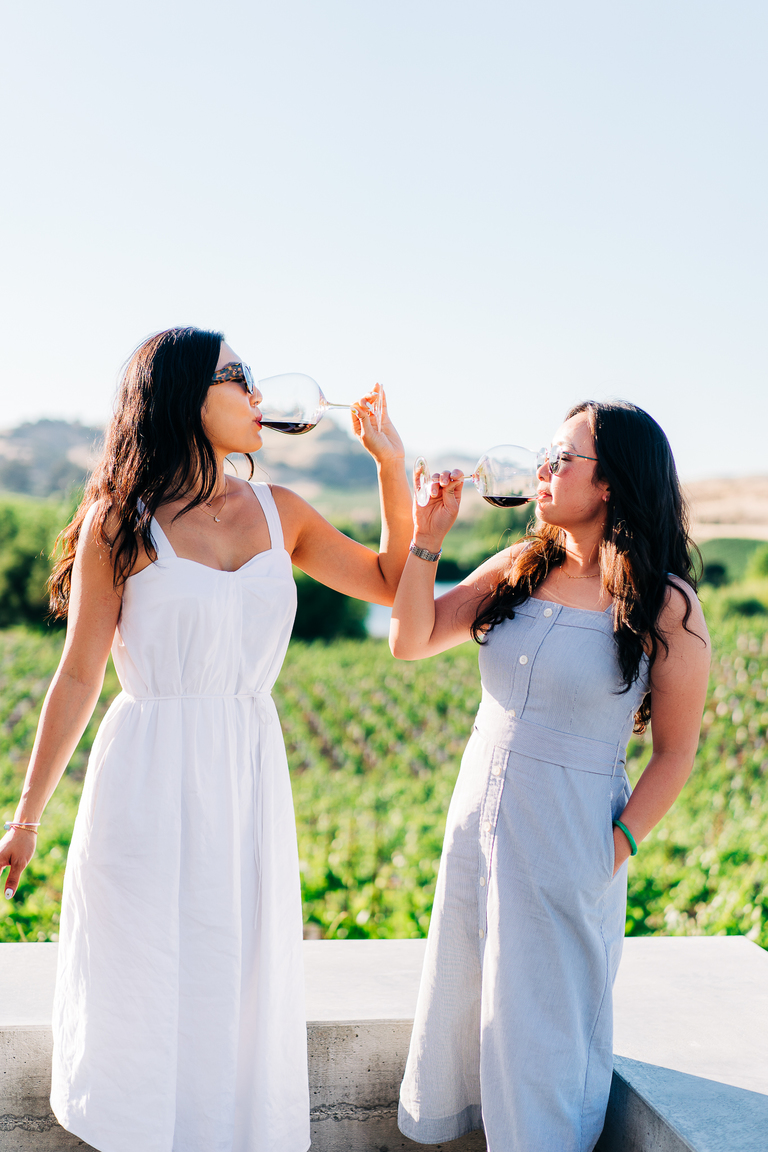 tow women lift wine glasses on a patio by vineyards