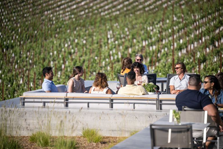 A group of friends on a winery patio