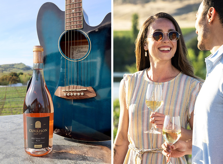A collage of a happy couple, a blue guitar and wine at a winery