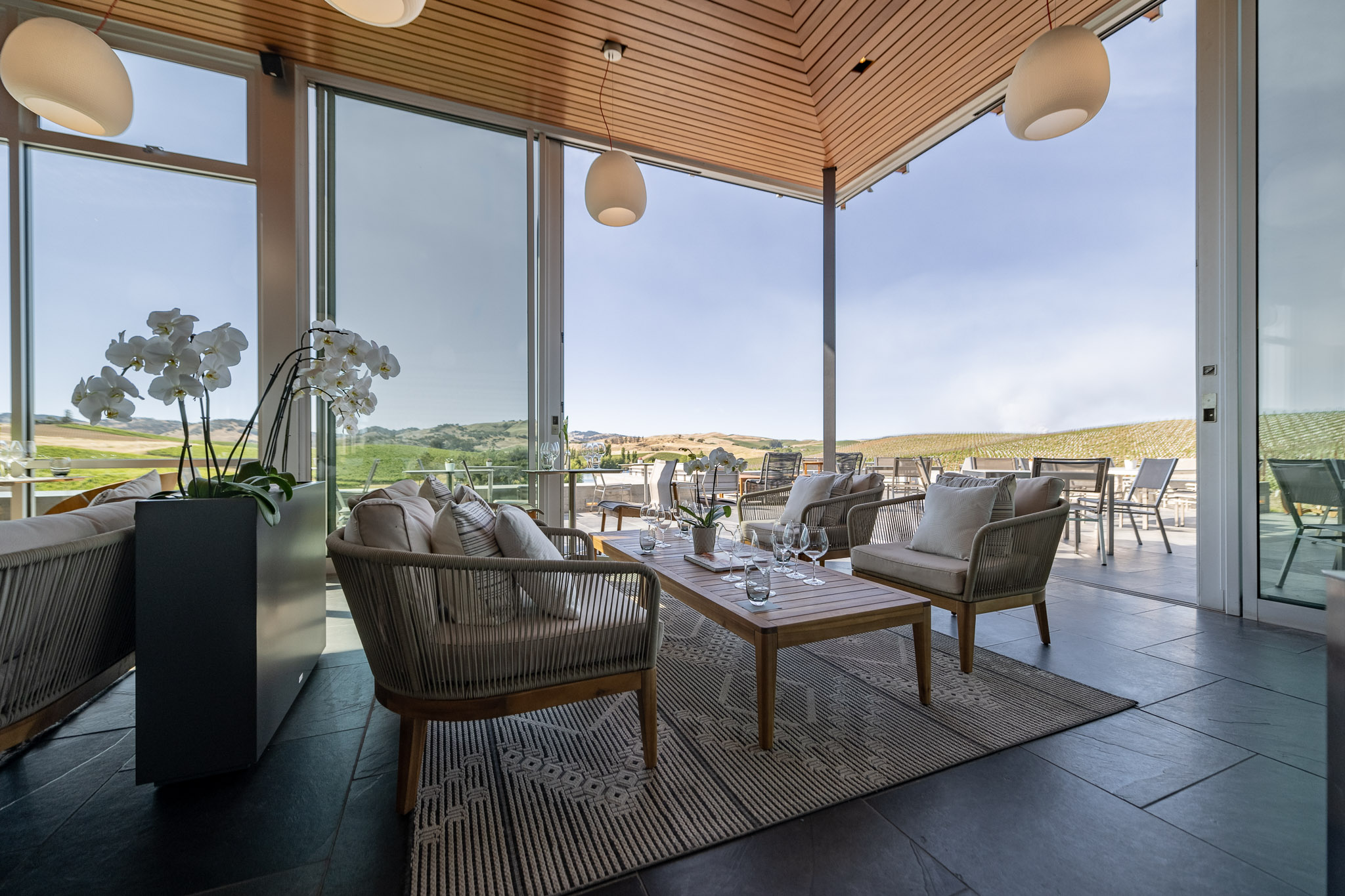 A view from inside the Tasting Room looking out to the Patio