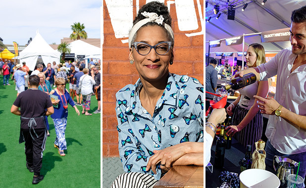 A triptych shows festival guests walking a lawn, a smiling chef and a man serving wine at the festival.