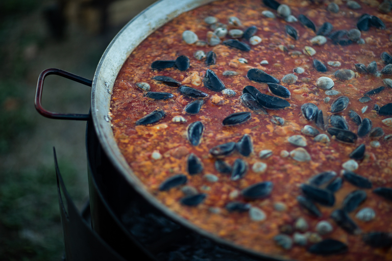 A large dish of seafood Paella