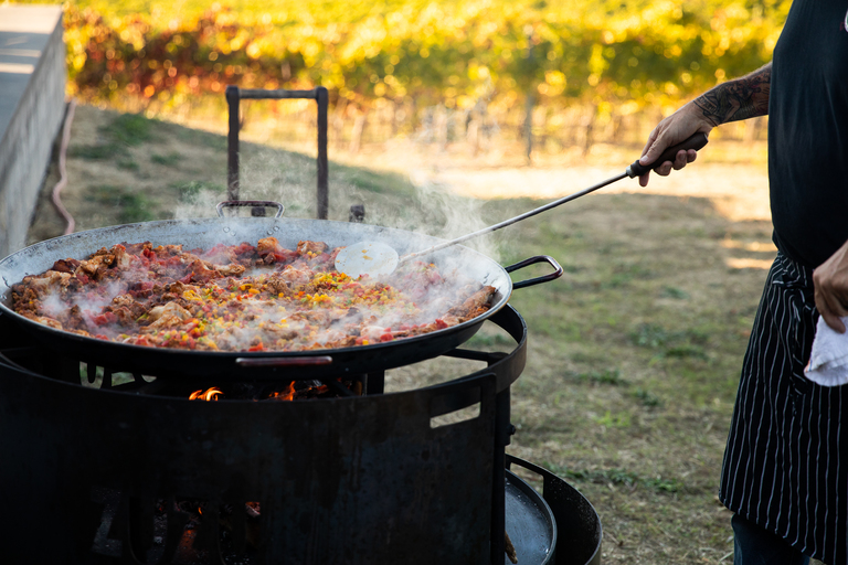 A large dish of Paella is being cooked before a vineyard